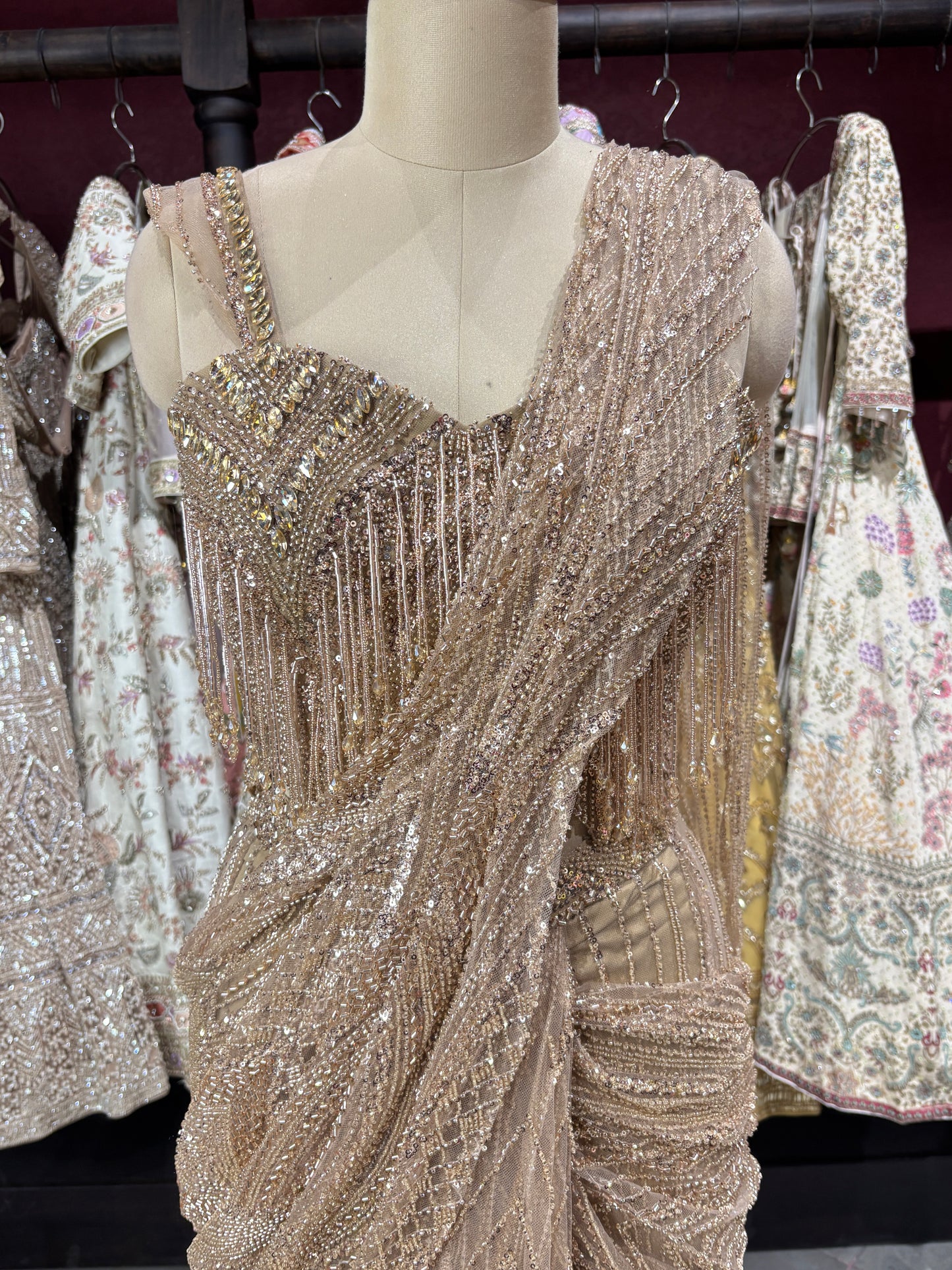 Golden Luxury Designer Drape Saree with Heavy Crystal & Sequins Work