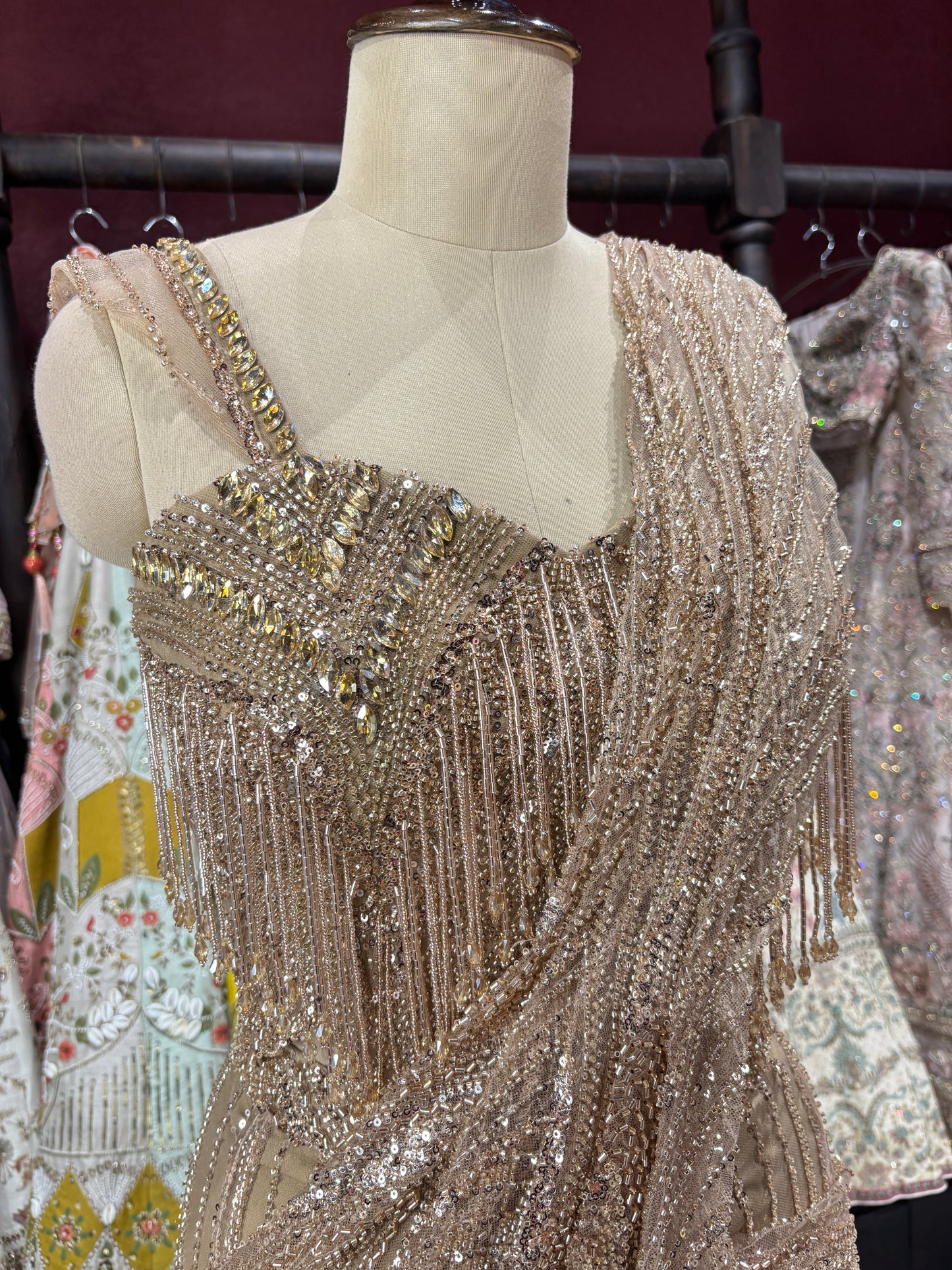 Golden Luxury Designer Drape Saree with Heavy Crystal & Sequins Work