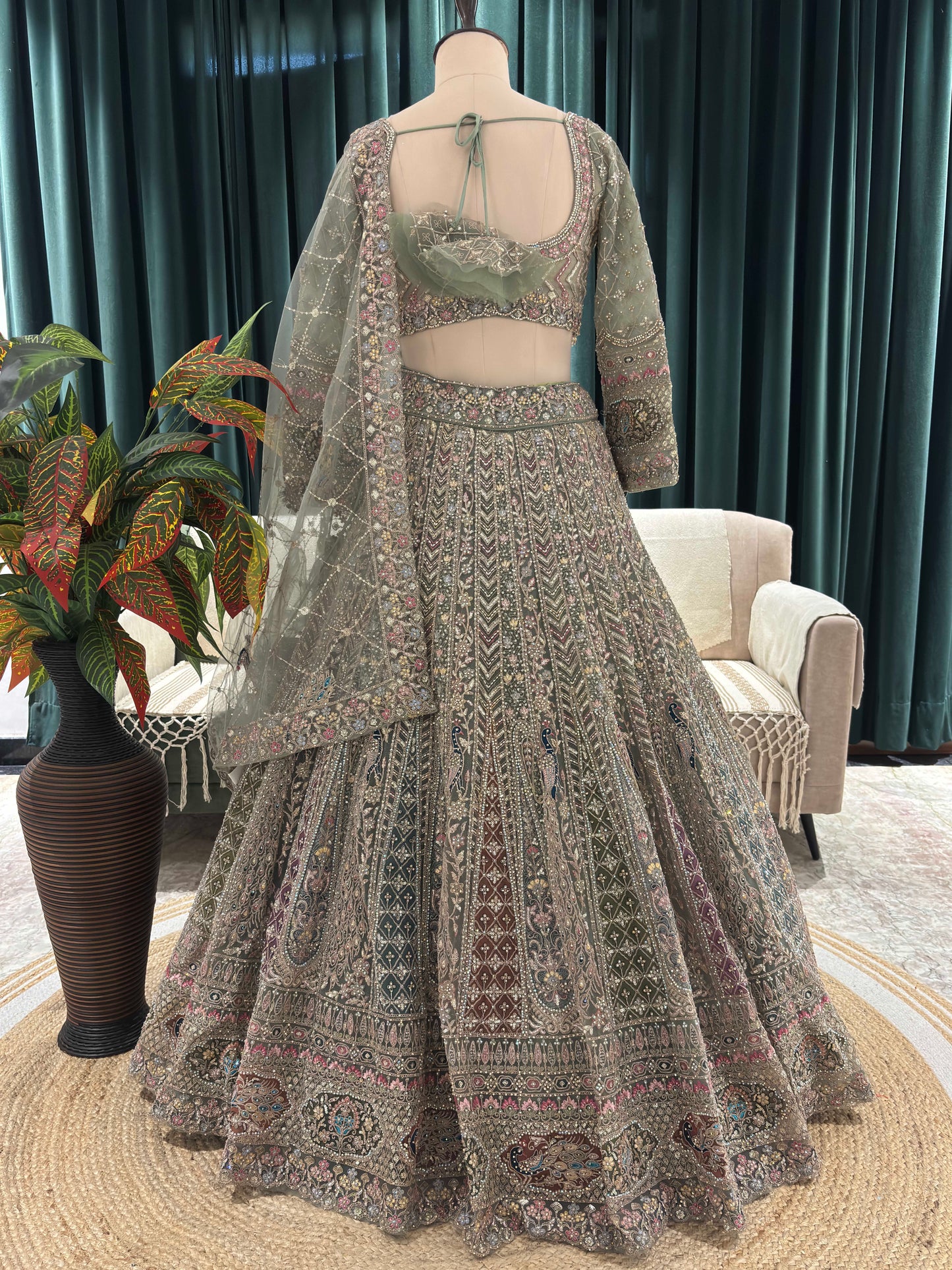 Opulent Green Embroidered Lehenga with Sequins & Stone Work