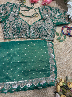 Banarasi Tissue Green Blouse with Sequin Floral Embroidery