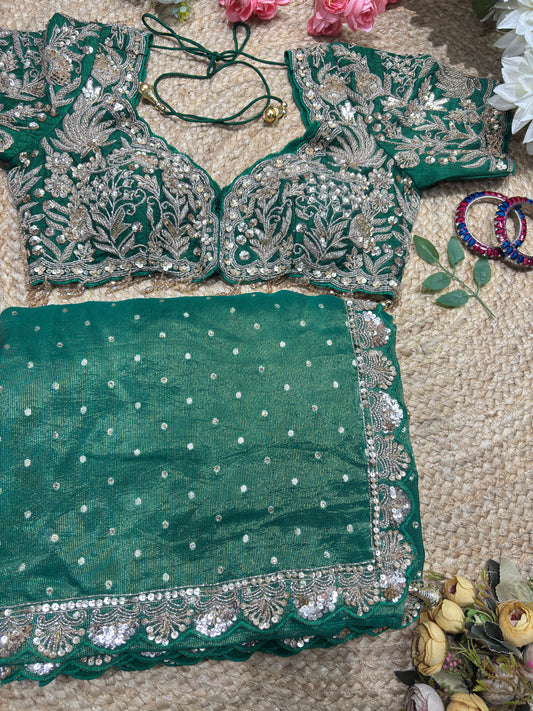 Banarasi Tissue Green Blouse with Sequin Floral Embroidery