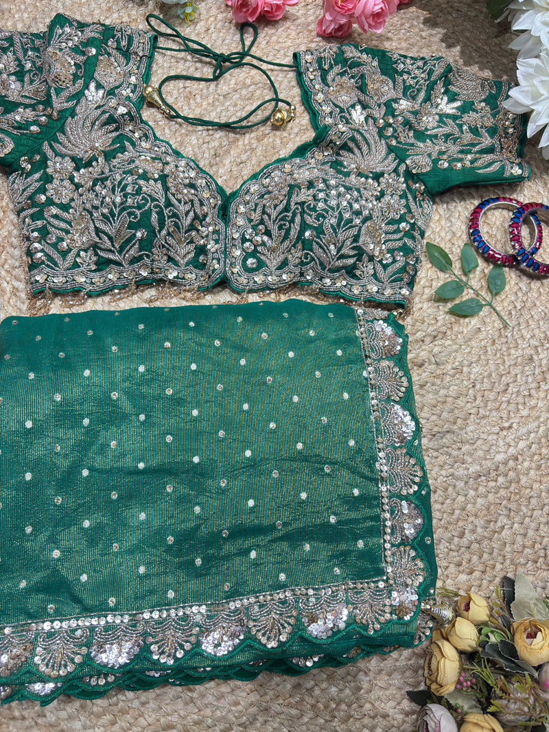 Banarasi Tissue Green Blouse with Sequin Floral Embroidery
