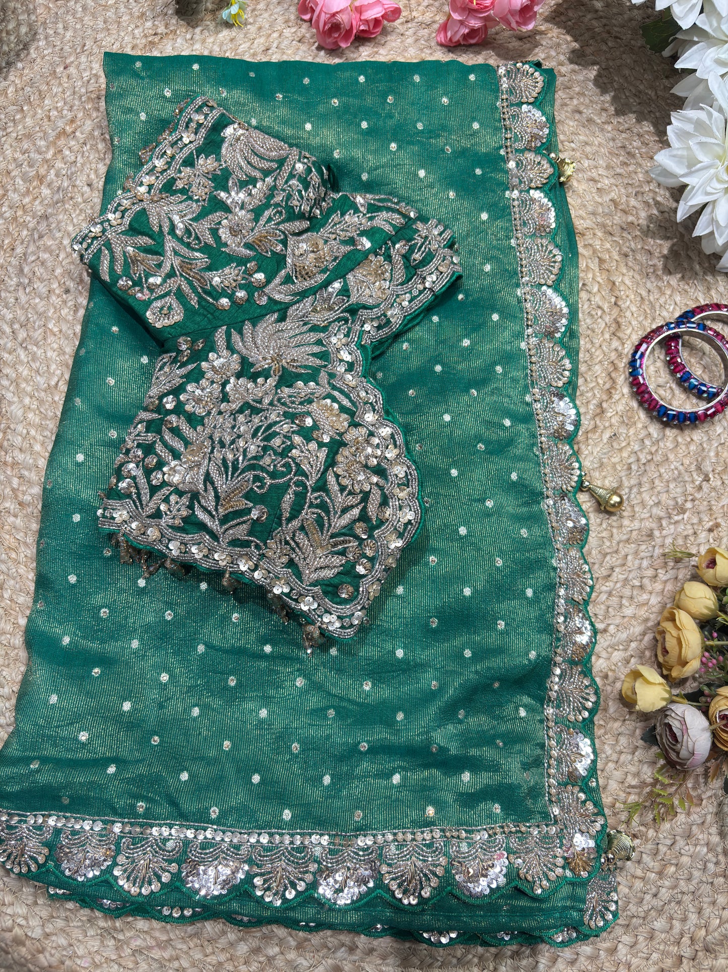 Banarasi Tissue Green Blouse with Sequin Floral Embroidery