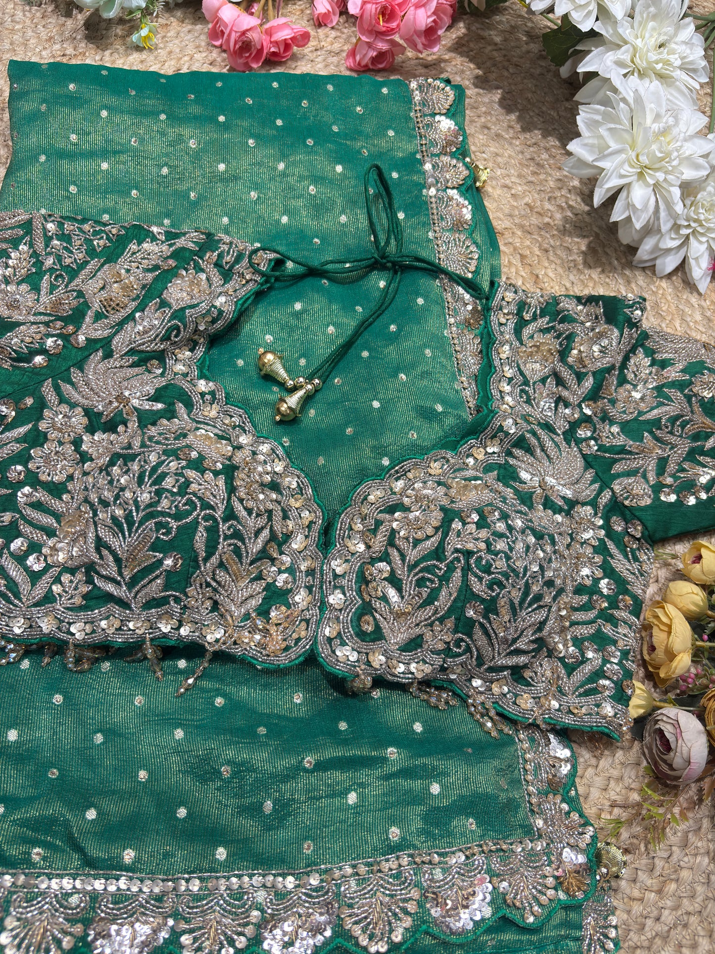Banarasi Tissue Green Blouse with Sequin Floral Embroidery