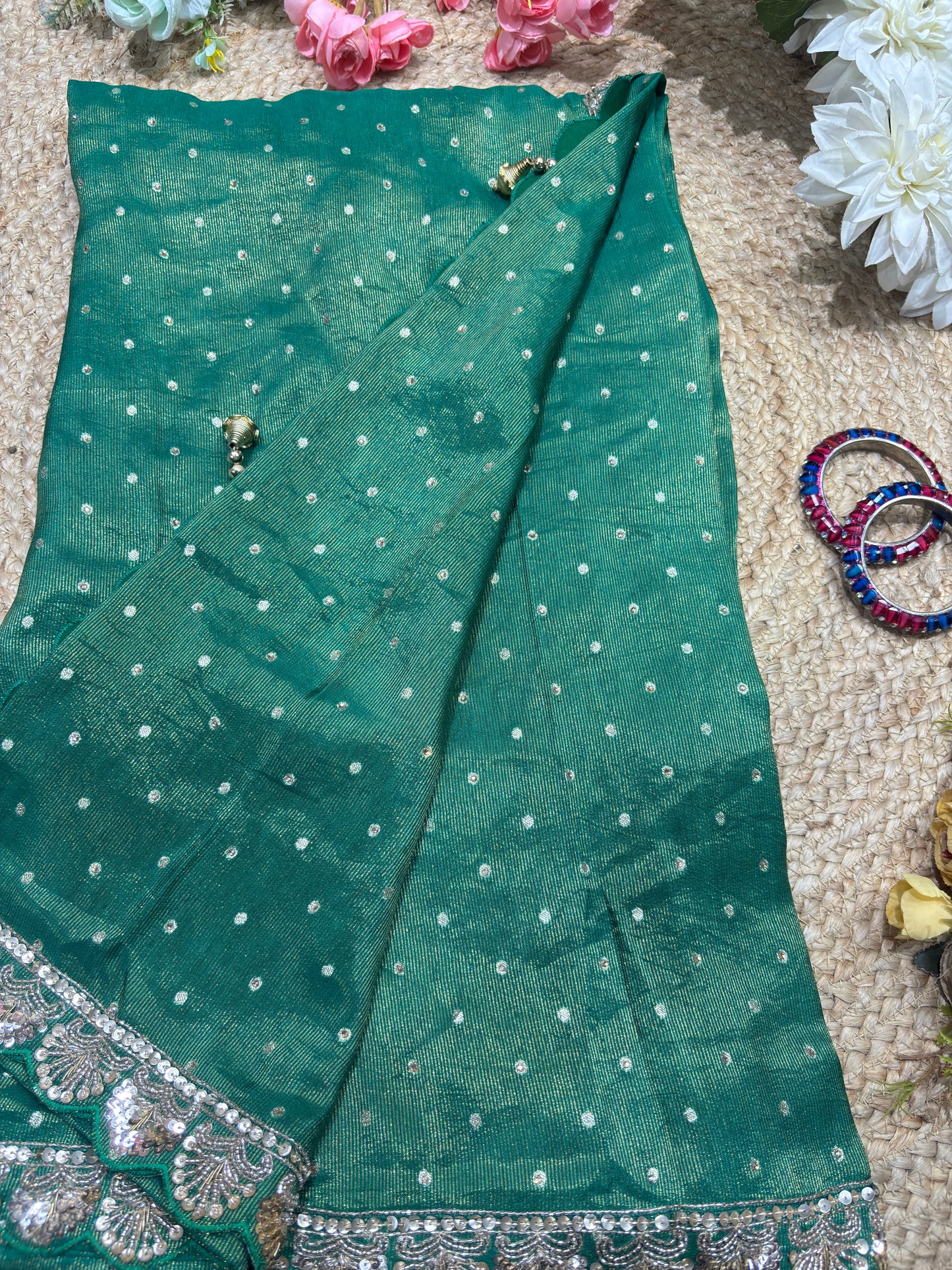 Banarasi Tissue Green Blouse with Sequin Floral Embroidery