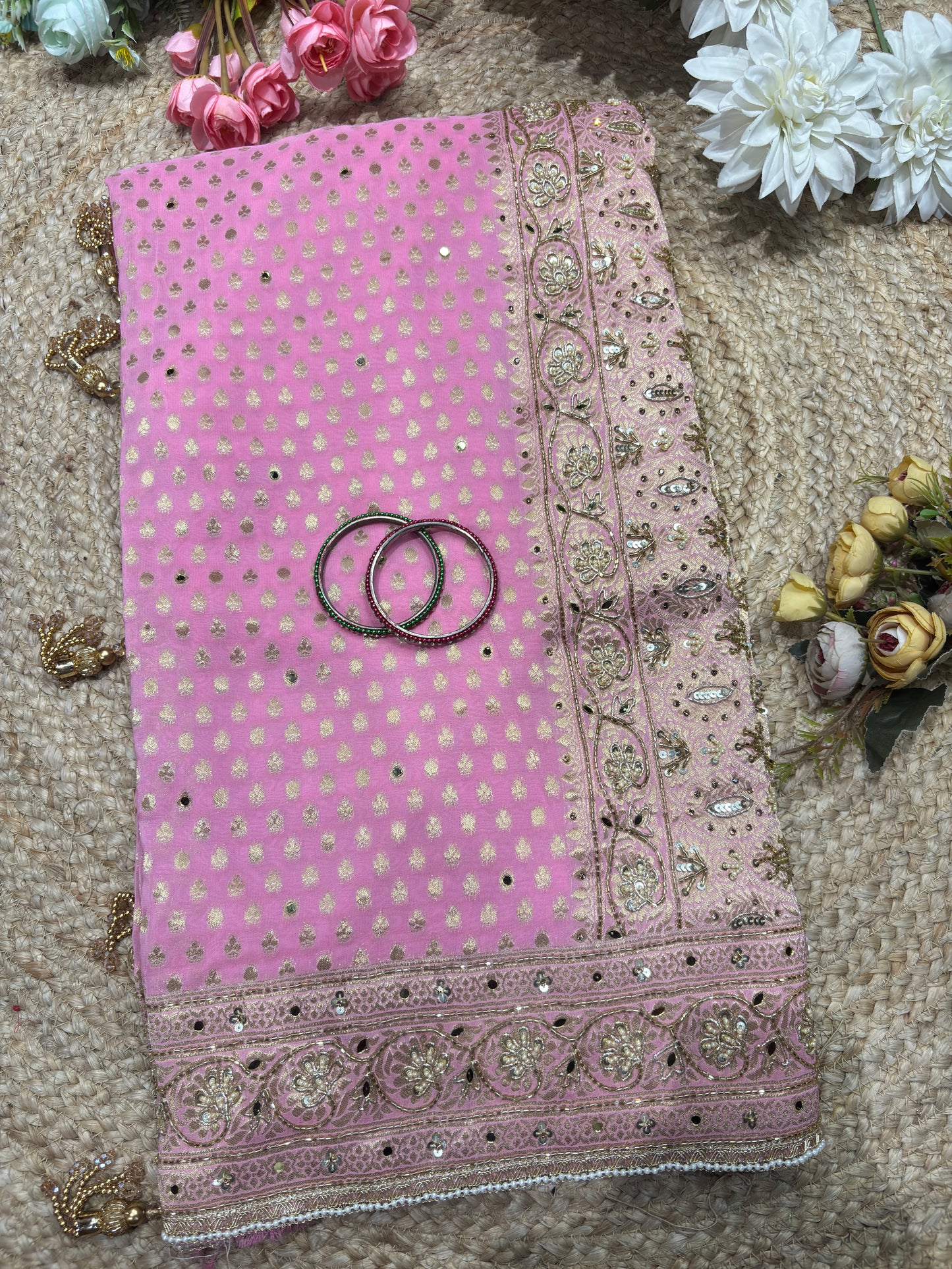 Khaddi Georgette Pink Blouse with Gold Sequin Embroidery