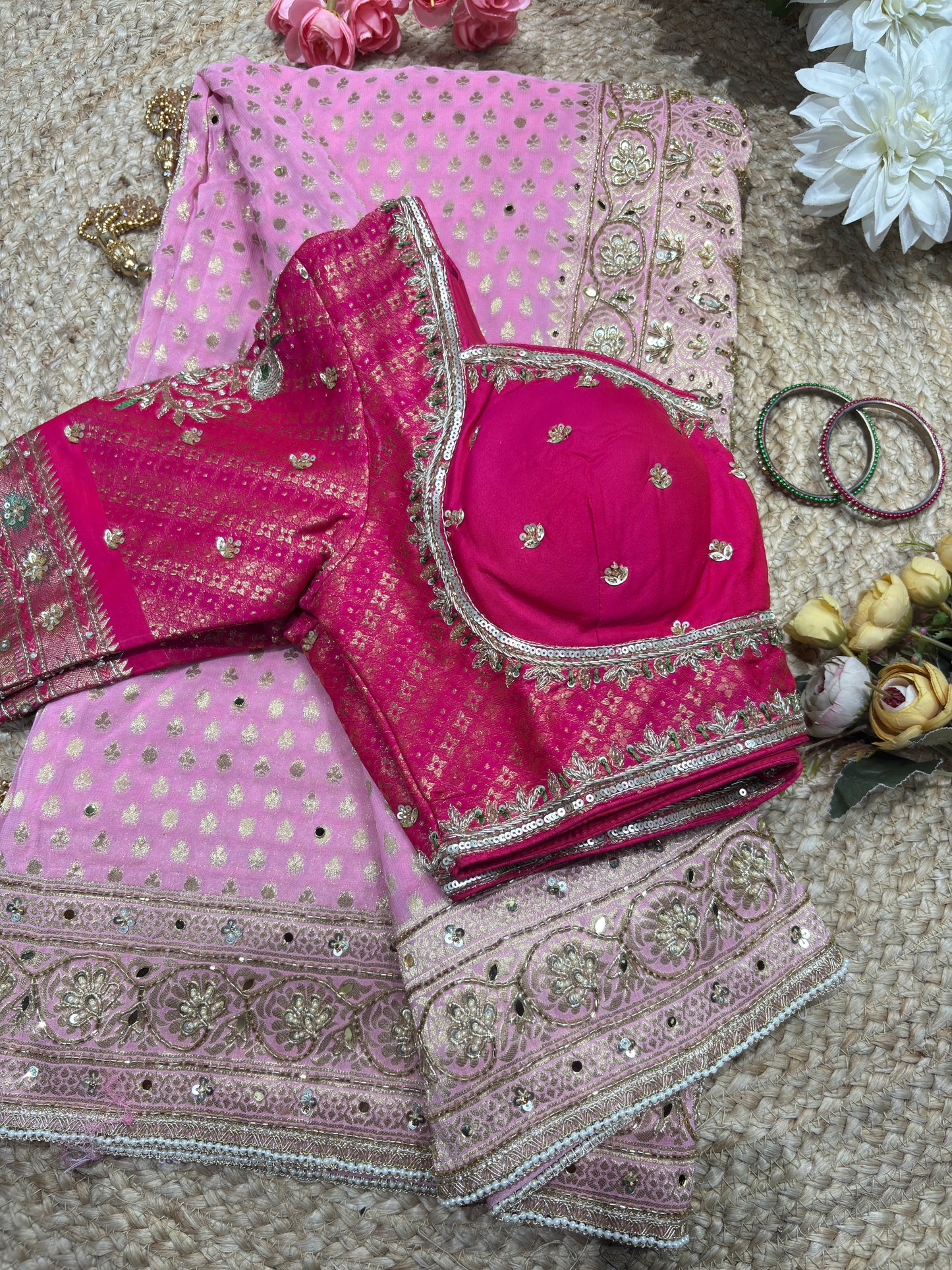 Khaddi Georgette Pink Blouse with Gold Sequin Embroidery