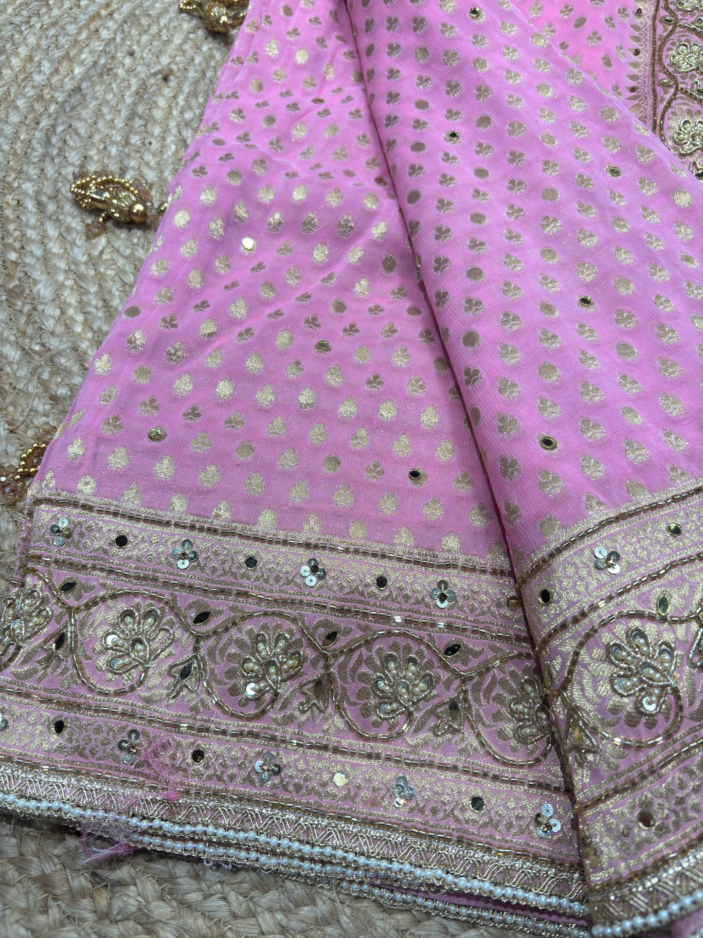 Khaddi Georgette Pink Blouse with Gold Sequin Embroidery