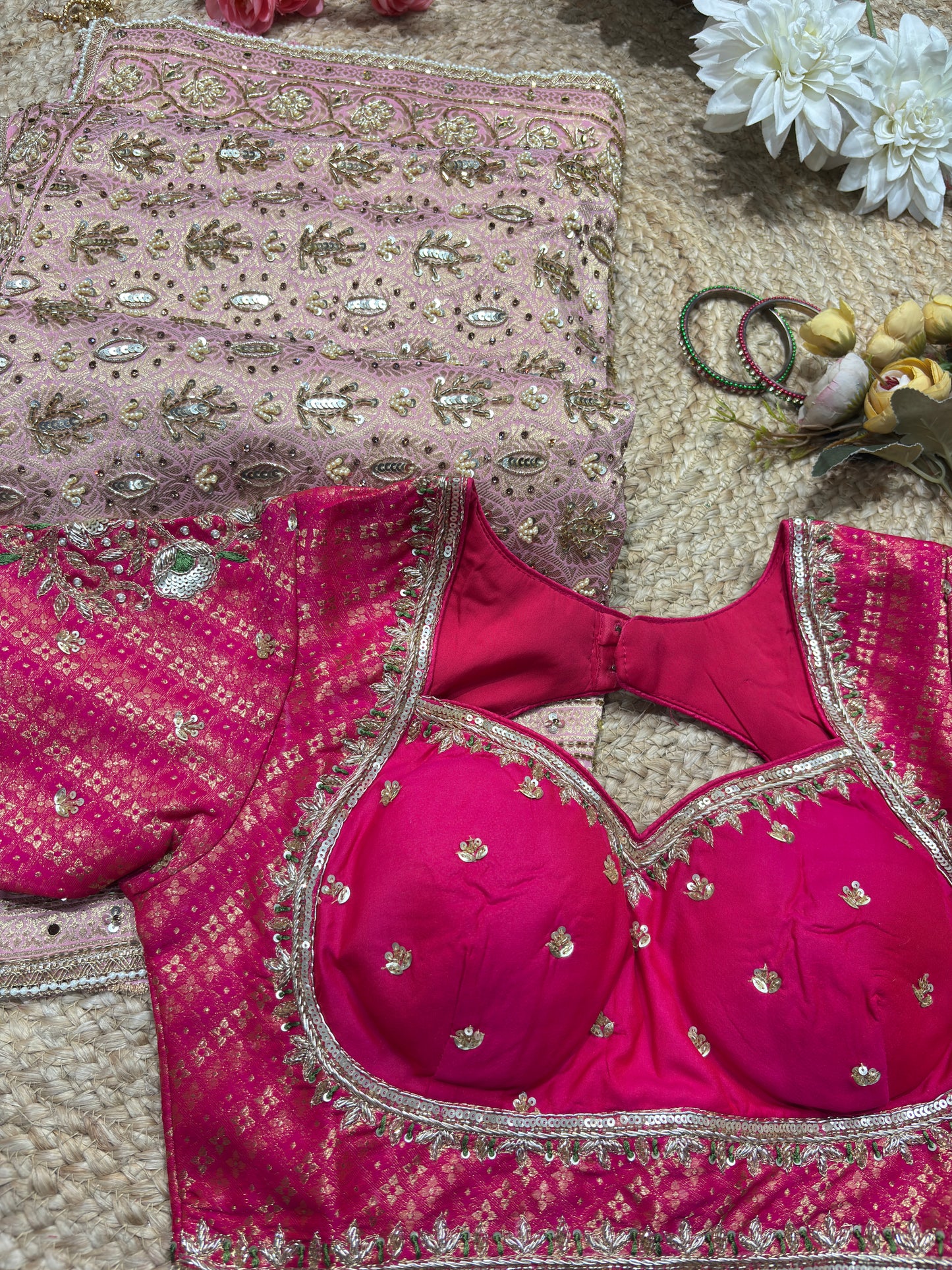 Khaddi Georgette Pink Blouse with Gold Sequin Embroidery