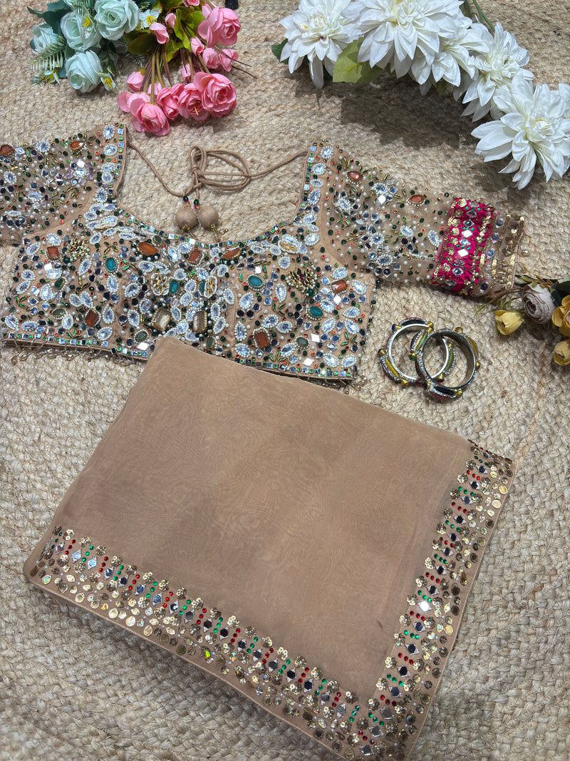 Glass Tissue Golden Blouse with Multicolor Sequin Embroidery