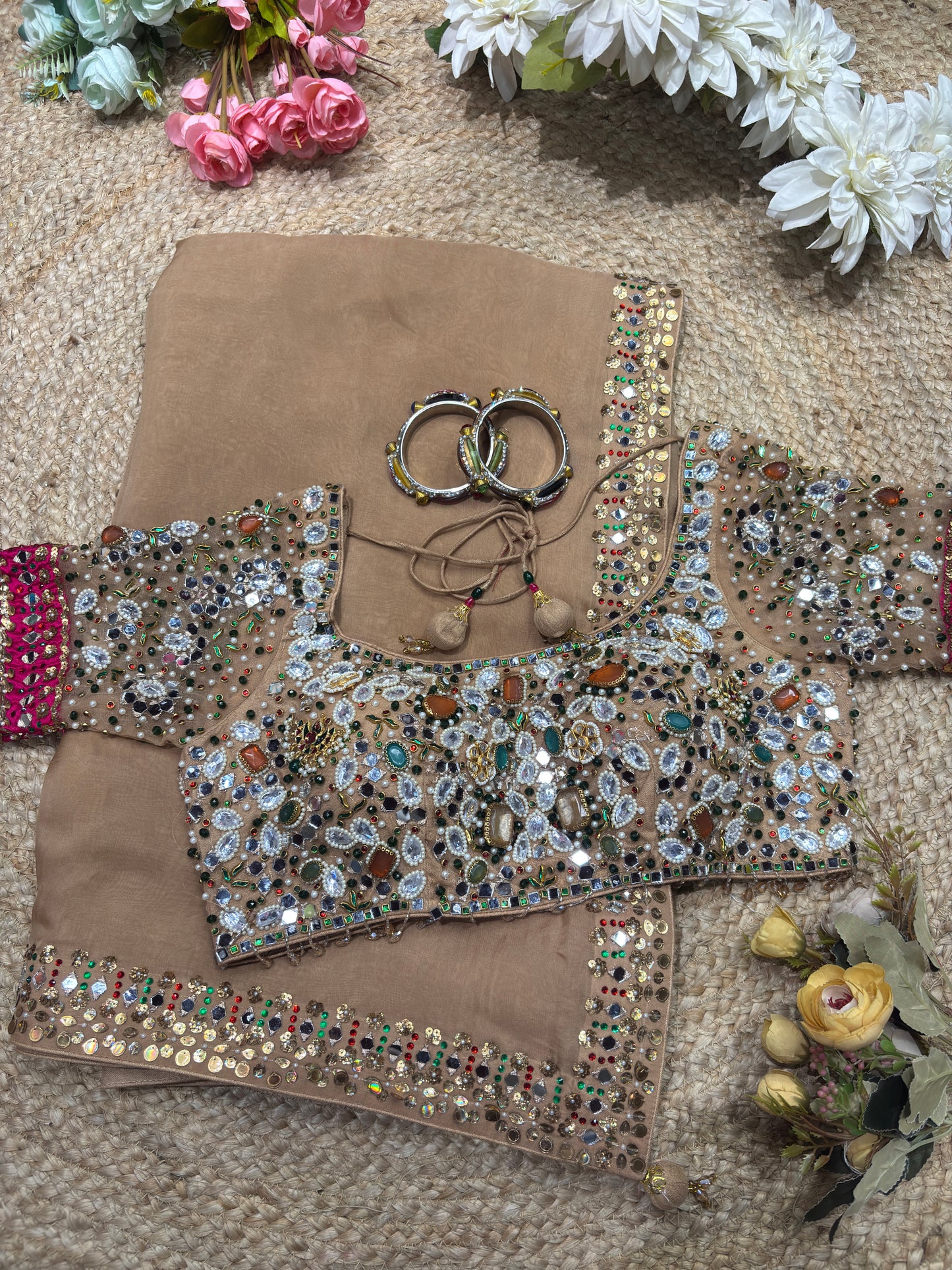 Glass Tissue Golden Blouse with Multicolor Sequin Embroidery