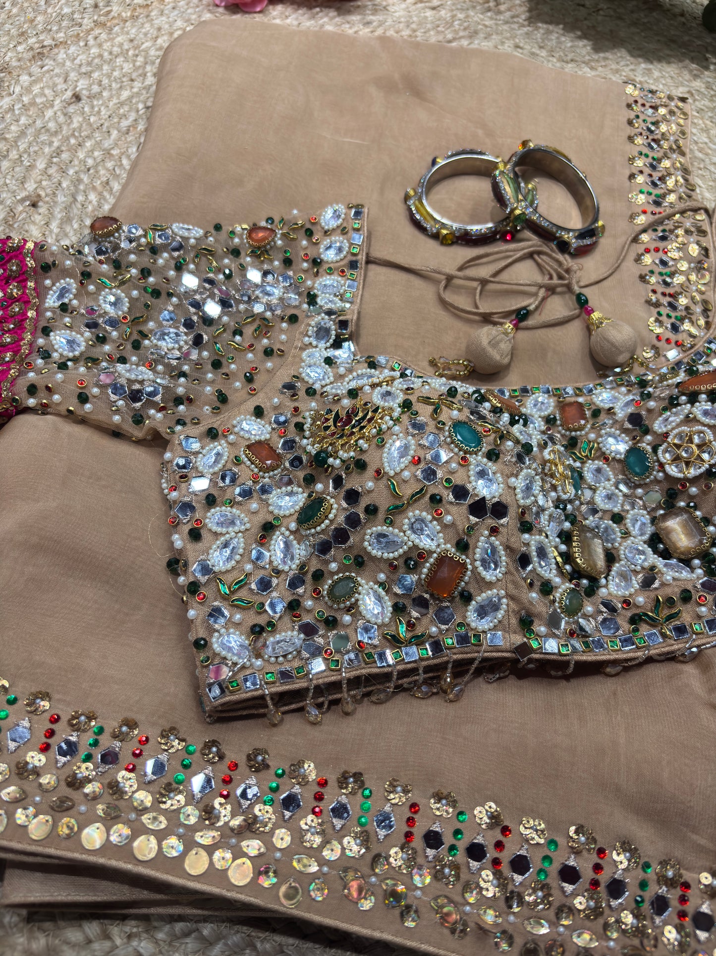 Glass Tissue Golden Blouse with Multicolor Sequin Embroidery