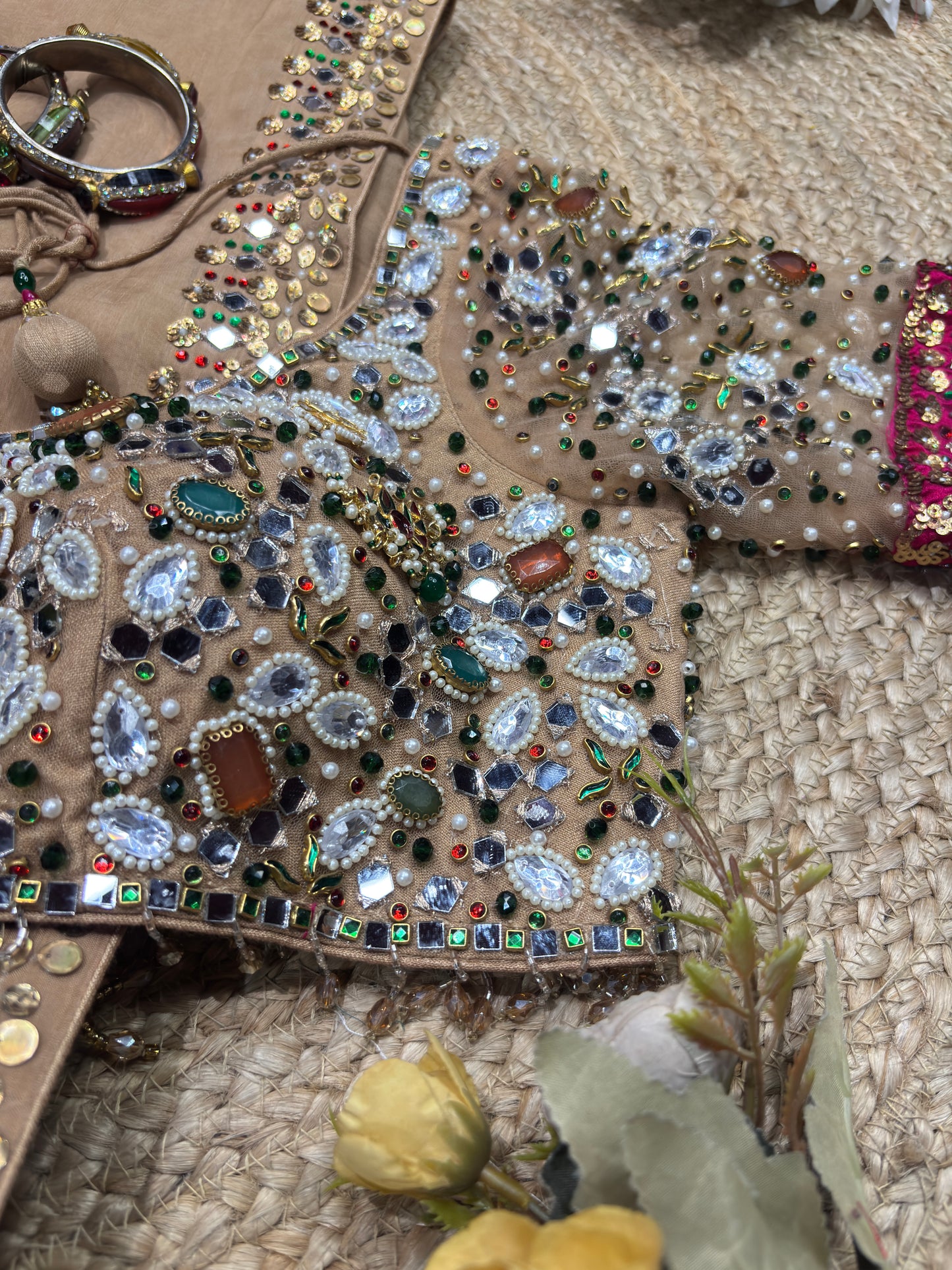 Glass Tissue Golden Blouse with Multicolor Sequin Embroidery