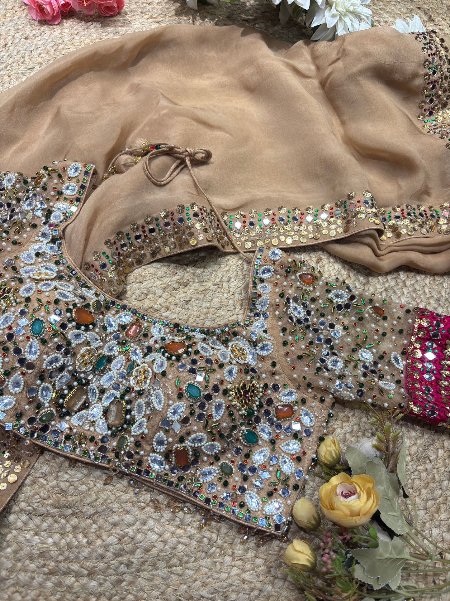Glass Tissue Golden Blouse with Multicolor Sequin Embroidery