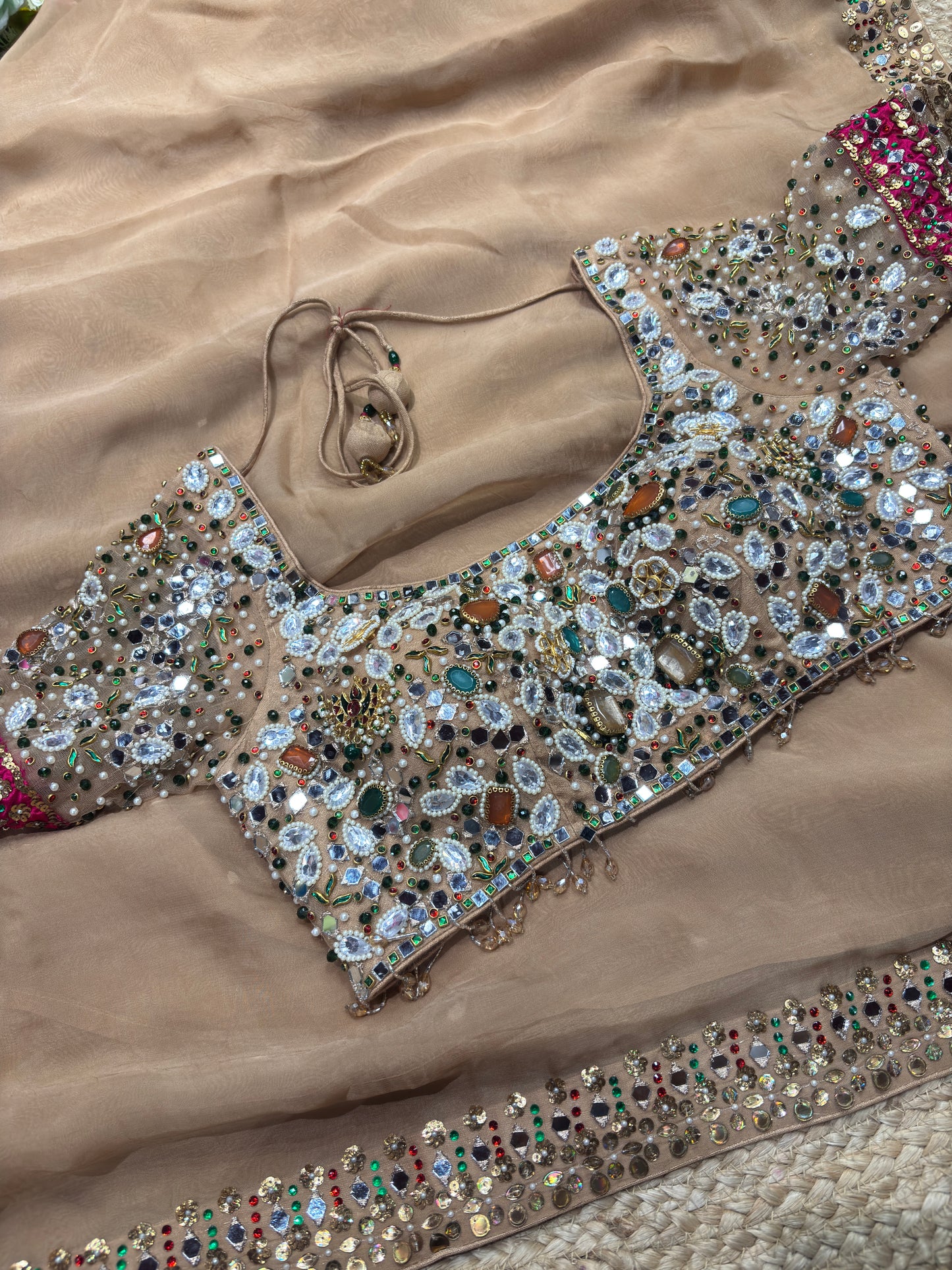 Glass Tissue Golden Blouse with Multicolor Sequin Embroidery