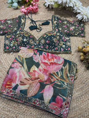 Banarasi Tissue Green Dark Blouse with Pink-Gold Floral Embroidery