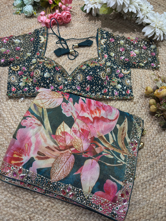 Banarasi Tissue Green Dark Blouse with Pink-Gold Floral Embroidery