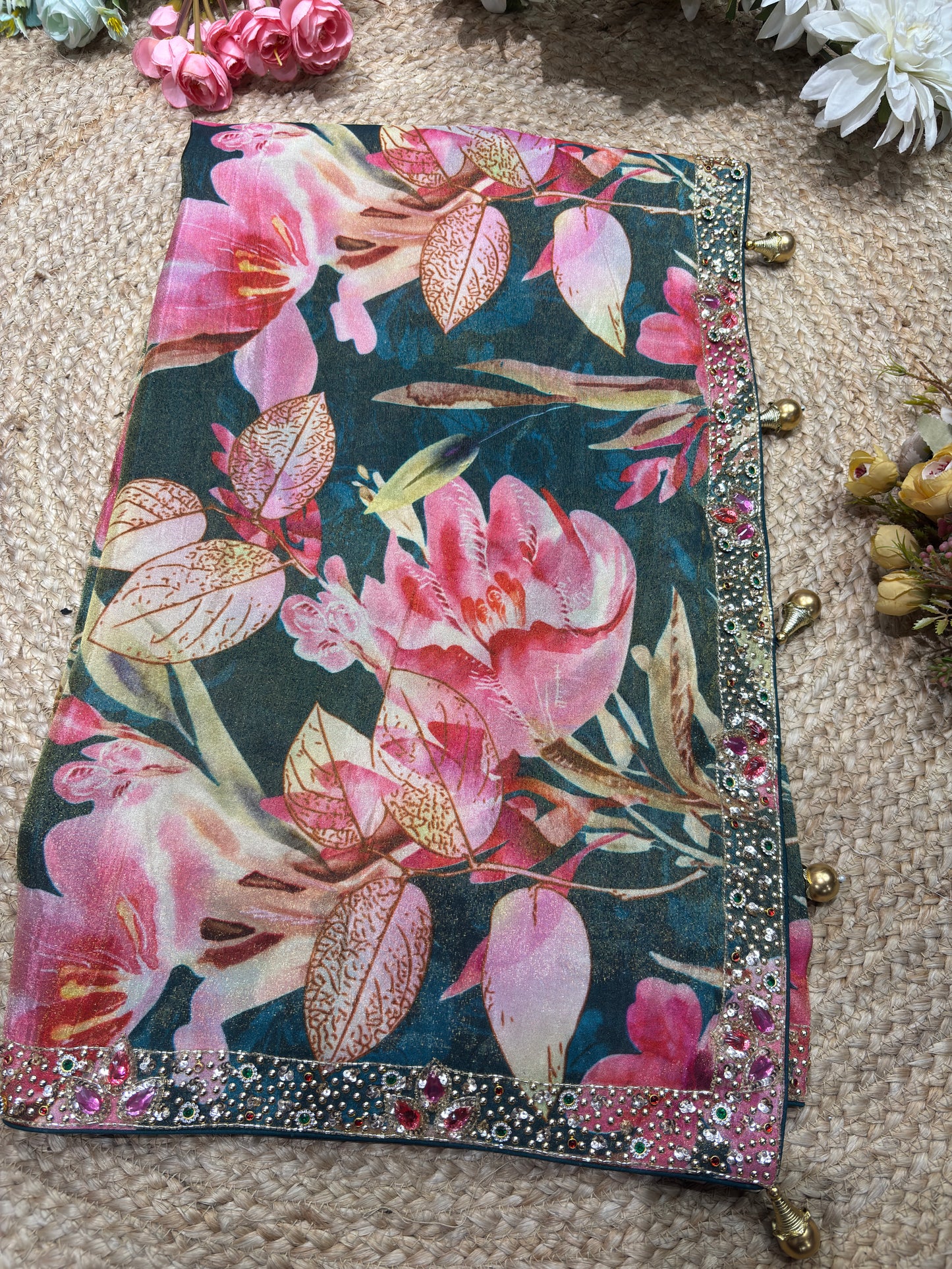 Banarasi Tissue Green Dark Blouse with Pink-Gold Floral Embroidery