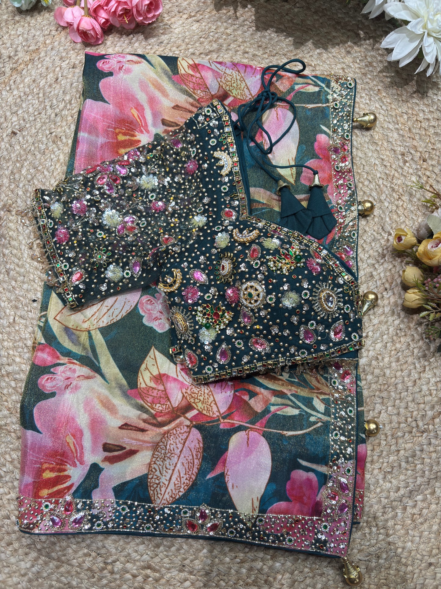 Banarasi Tissue Green Dark Blouse with Pink-Gold Floral Embroidery
