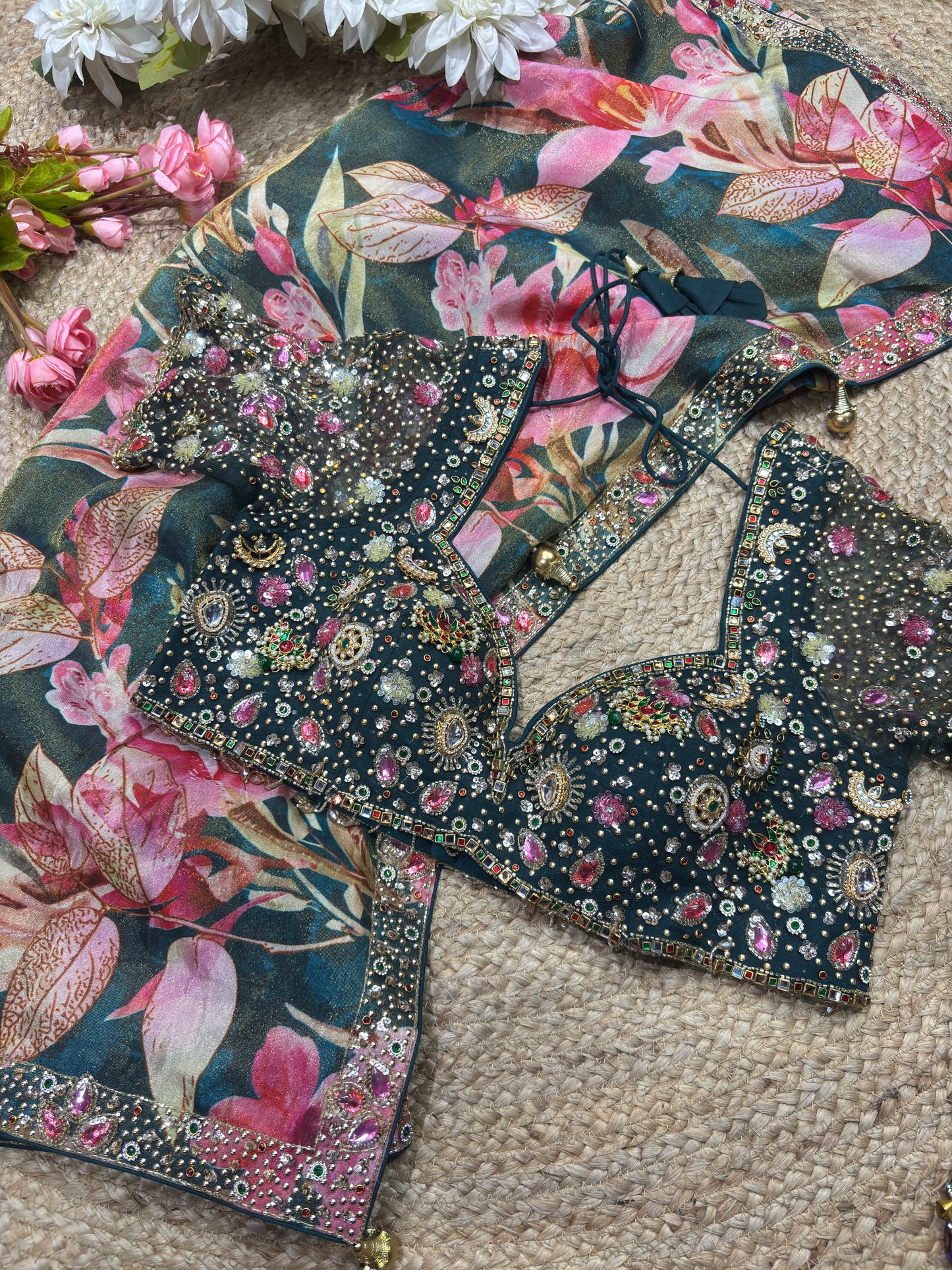 Banarasi Tissue Green Dark Blouse with Pink-Gold Floral Embroidery