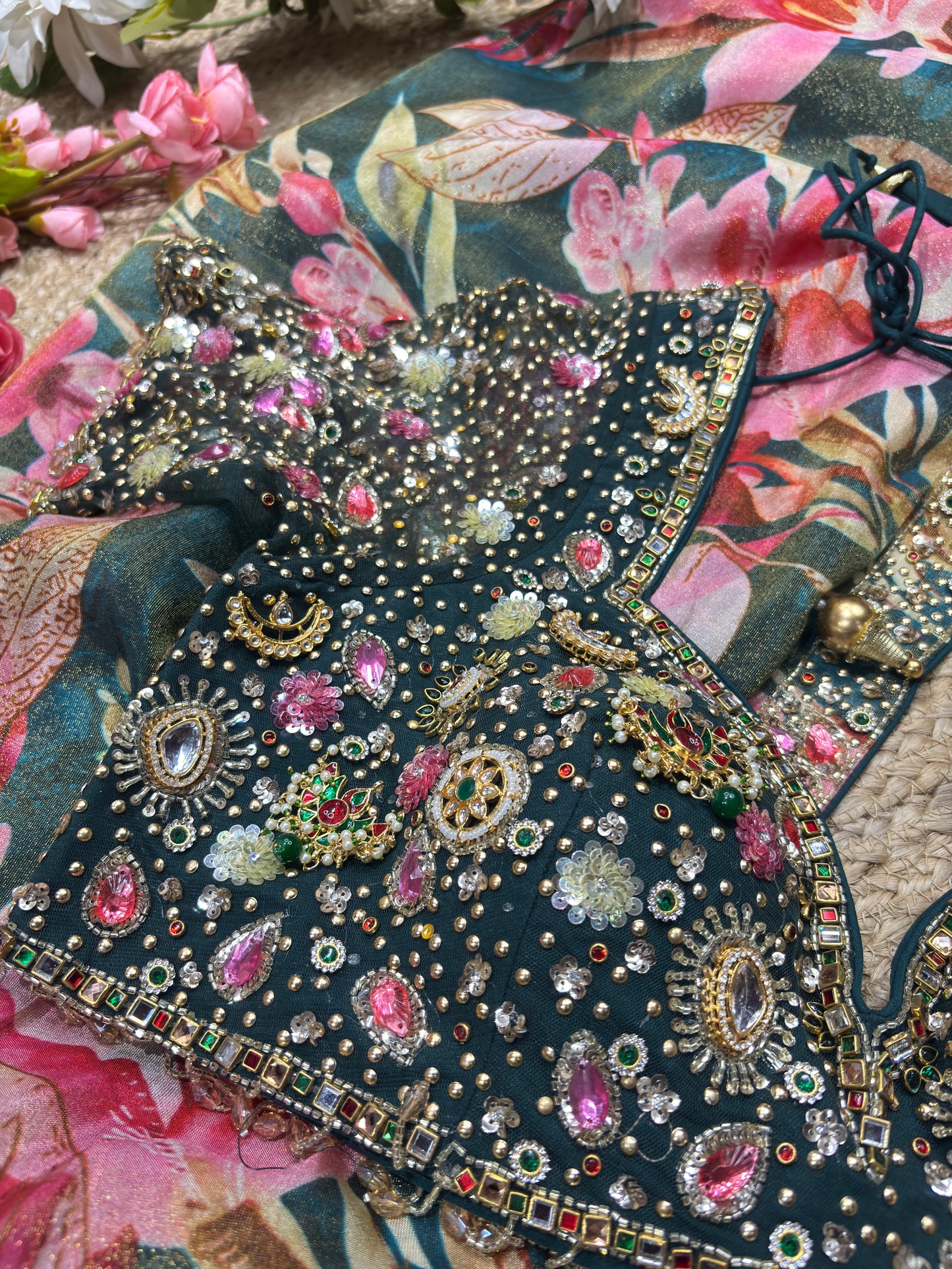 Banarasi Tissue Green Dark Blouse with Pink-Gold Floral Embroidery