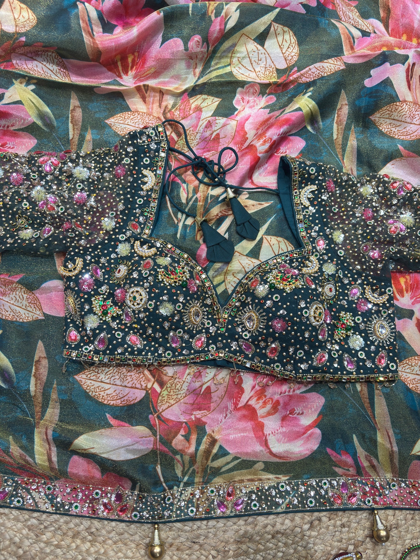 Banarasi Tissue Green Dark Blouse with Pink-Gold Floral Embroidery