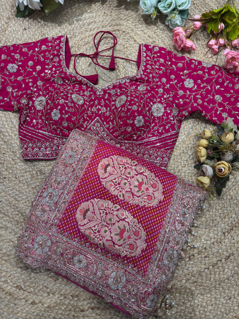Khaddi Georgette Rani Colour Saree with Silver Floral Embroidery