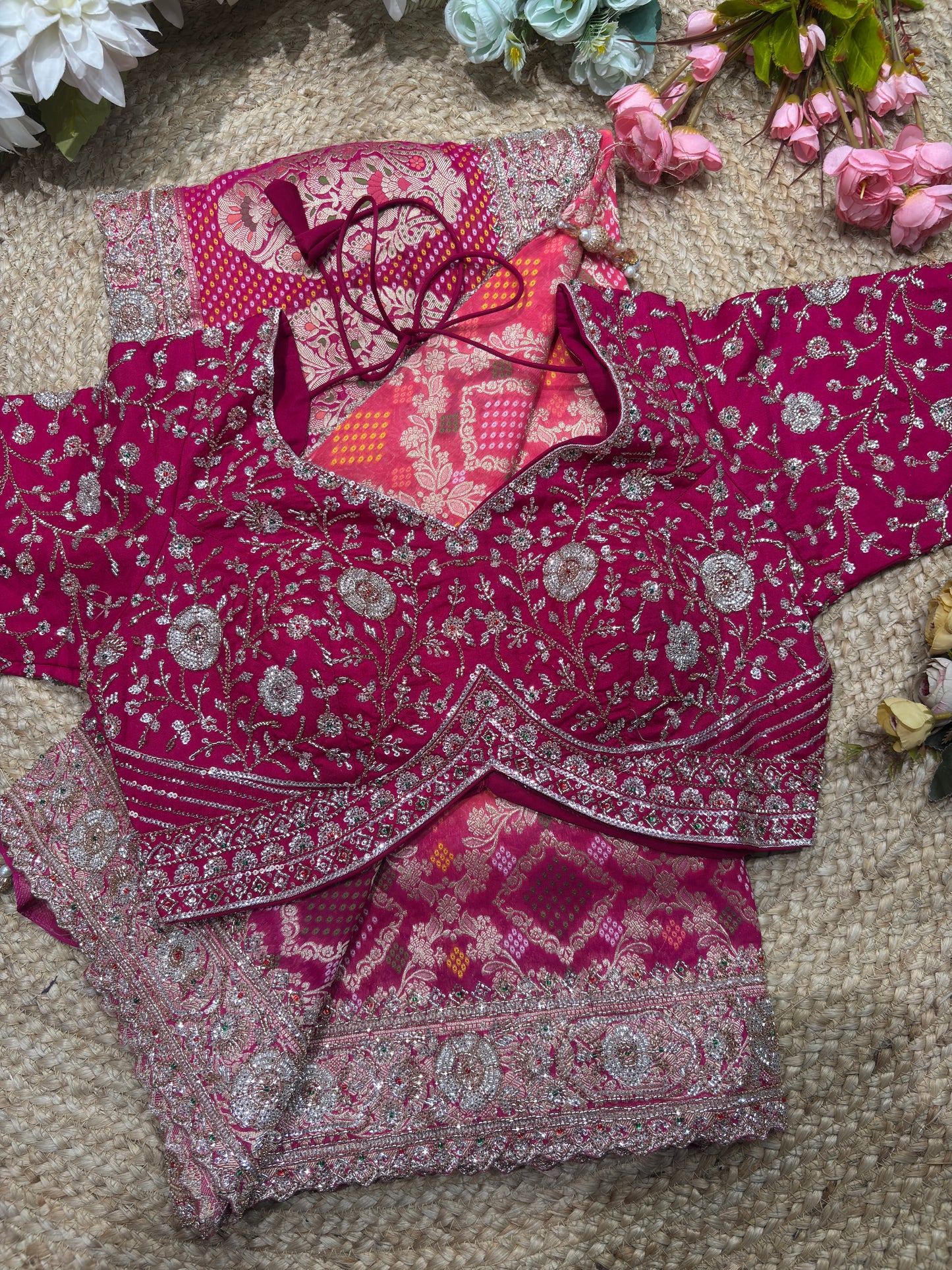 Khaddi Georgette Rani Colour Saree with Silver Floral Embroidery
