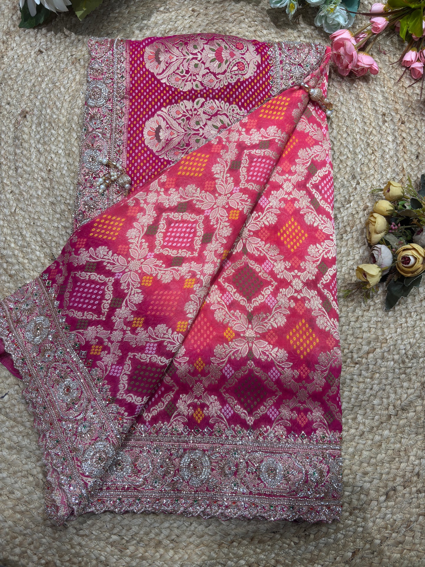 Khaddi Georgette Rani Colour Saree with Silver Floral Embroidery