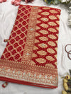 Khaddi Georgette Red Colour Saree With Golden Floral Embroidery