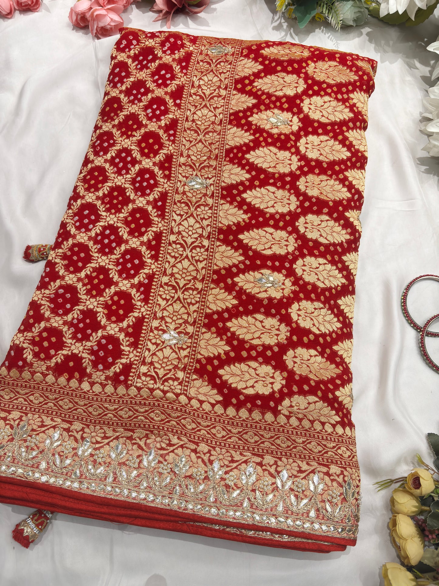 Khaddi Georgette Red Colour Saree With Golden Floral Embroidery