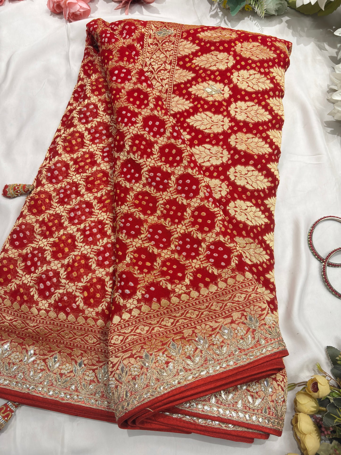 Khaddi Georgette Red Colour Saree With Golden Floral Embroidery