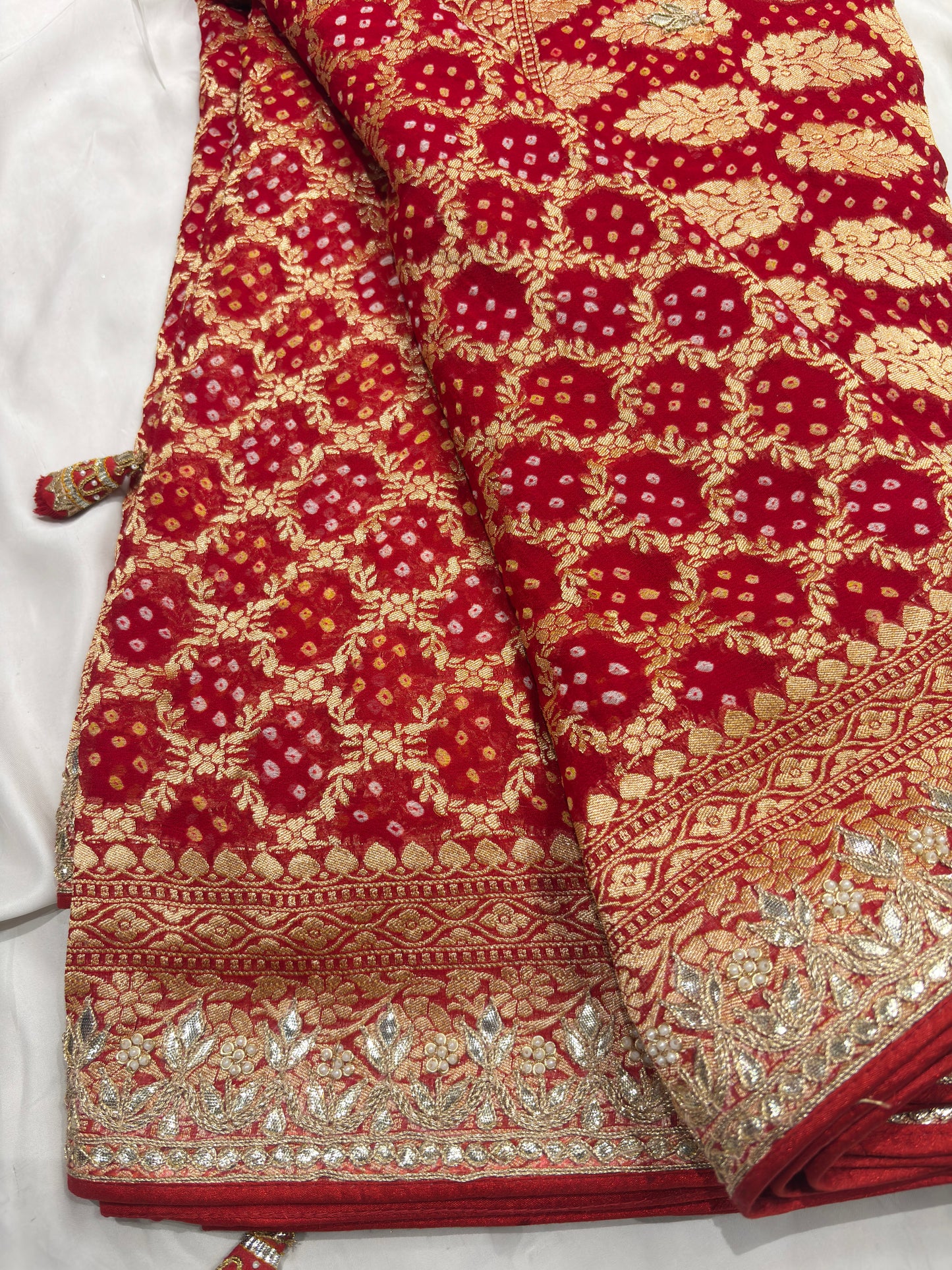 Khaddi Georgette Red Colour Saree With Golden Floral Embroidery