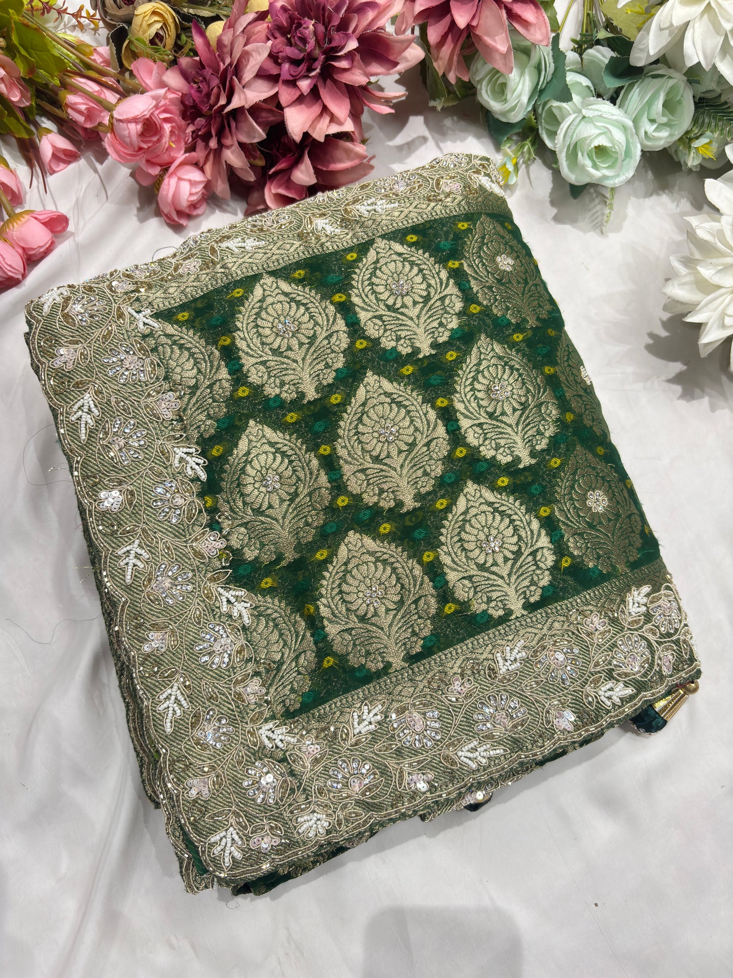 Green Pure Khaddi Georgette Saree with Golden Floral Embroidery