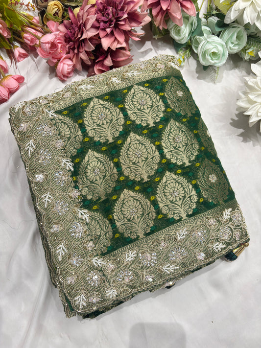 Green Pure Khaddi Georgette Saree with Golden Floral Embroidery