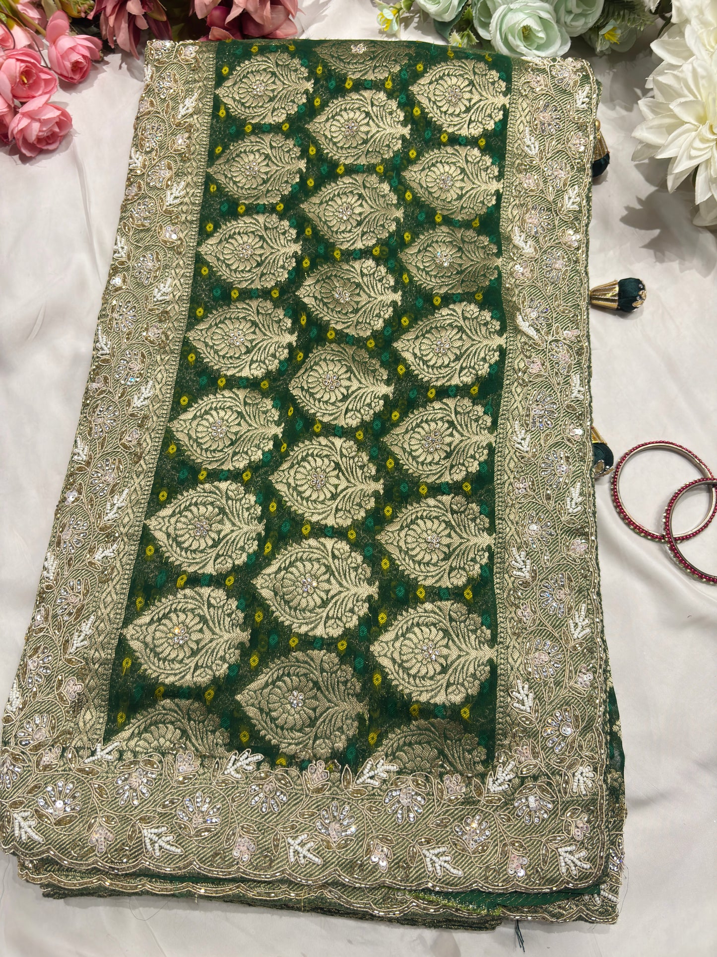 Green Pure Khaddi Georgette Saree with Golden Floral Embroidery