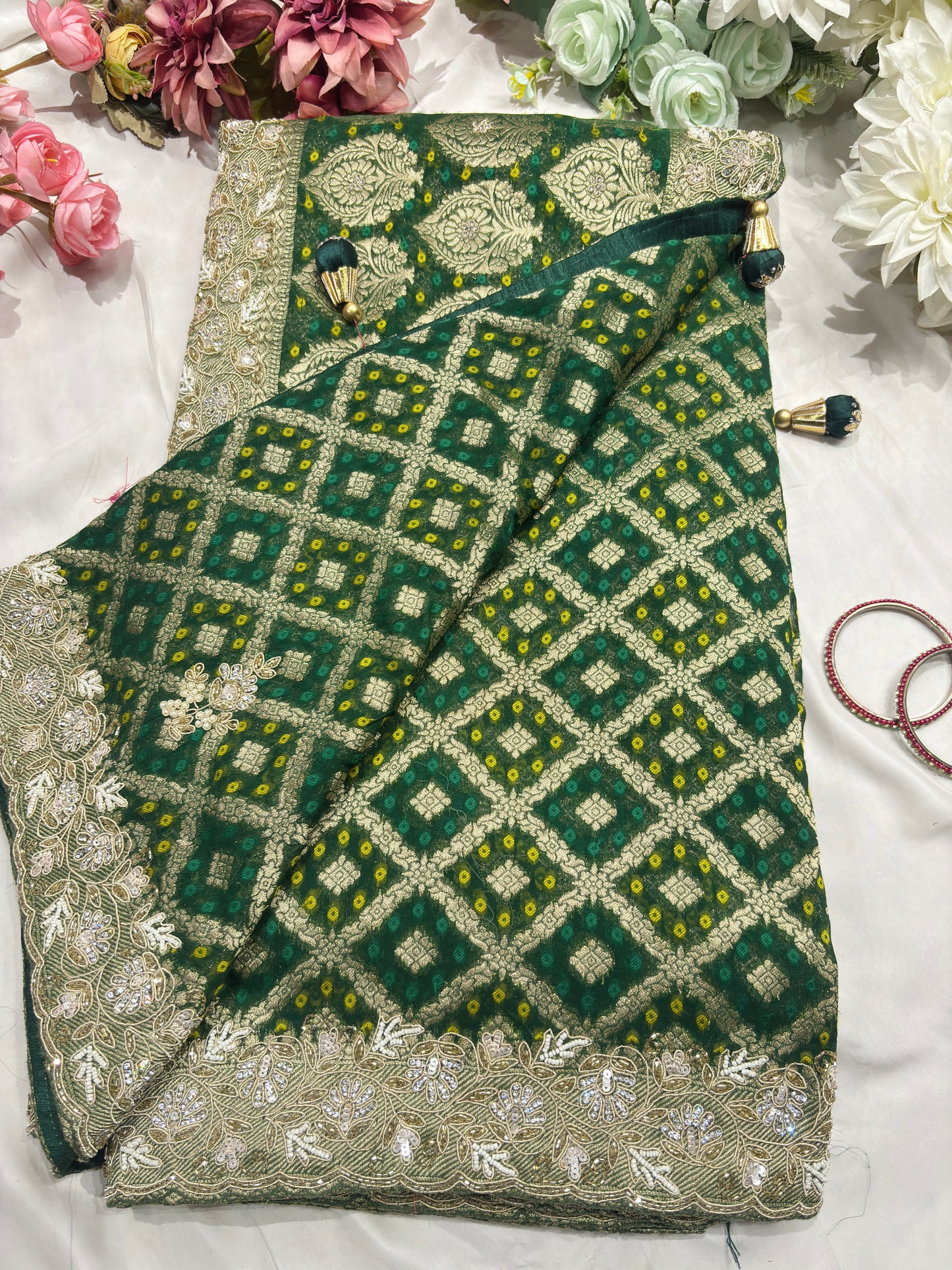 Green Pure Khaddi Georgette Saree with Golden Floral Embroidery