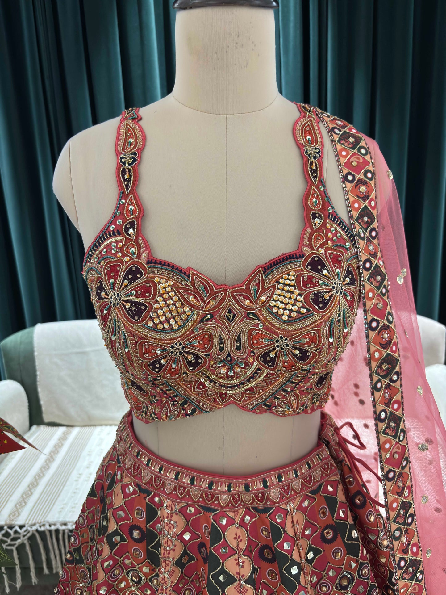 Rose Gold Lehenga Set with Sweetheart Choli & Polka Dot Dupatta