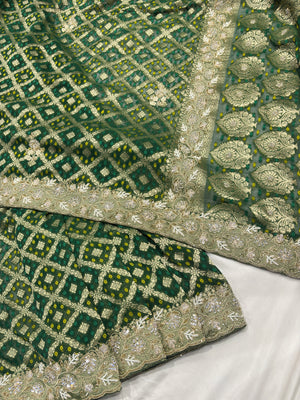 Green Pure Khaddi Georgette Saree with Golden Floral Embroidery