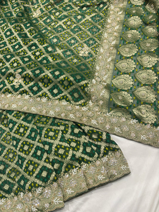 Green Pure Khaddi Georgette Saree with Golden Floral Embroidery