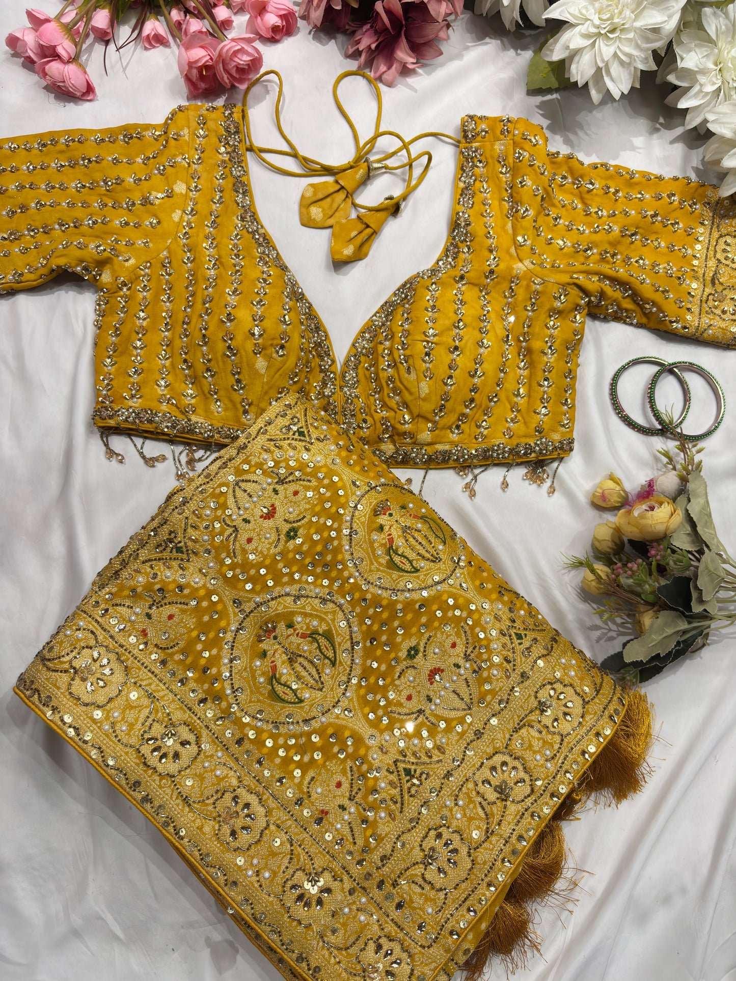 Mustard Yellow Bandhani Saree with Traditional Embroidery