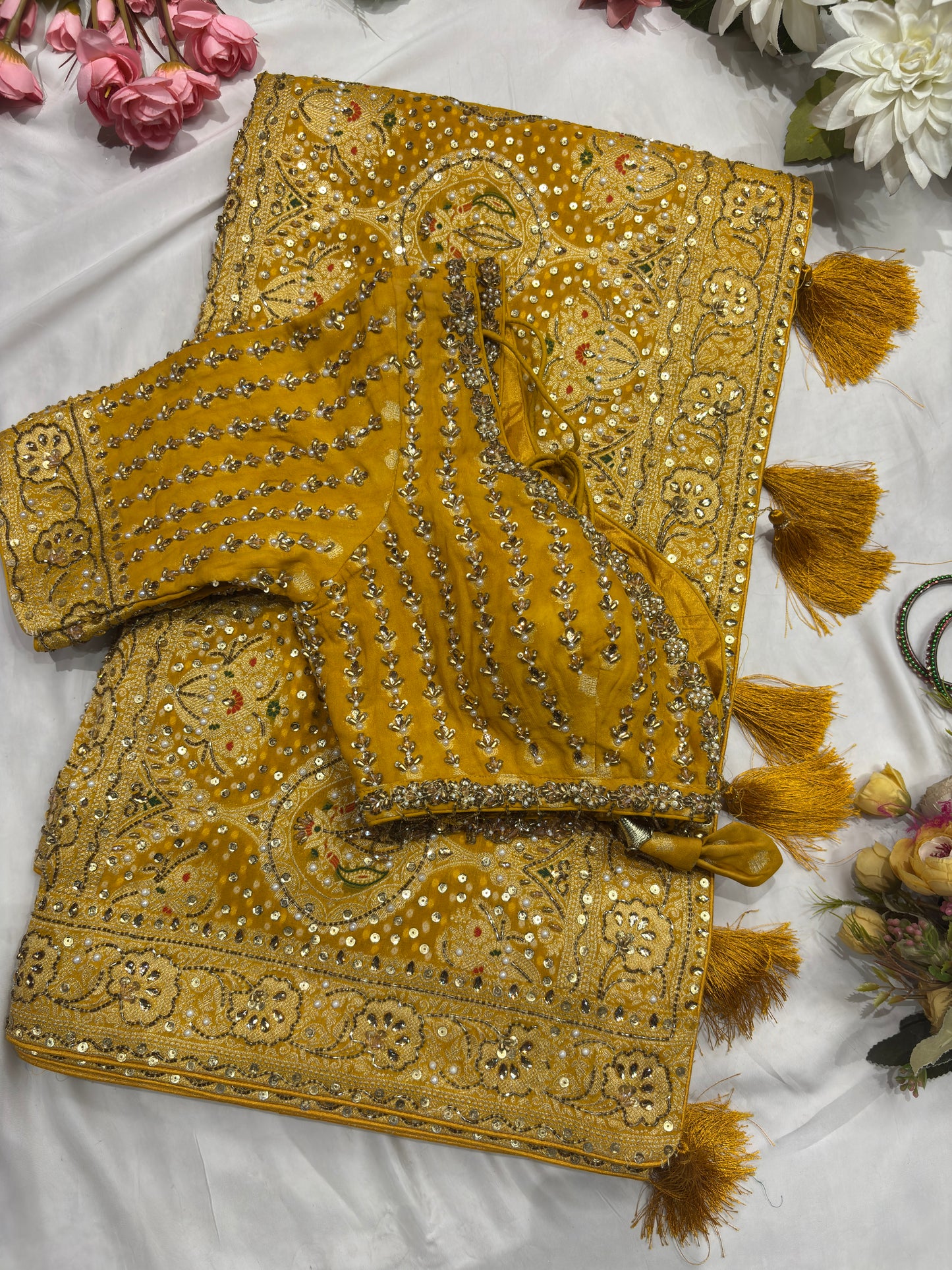 Mustard Yellow Bandhani Saree with Traditional Embroidery