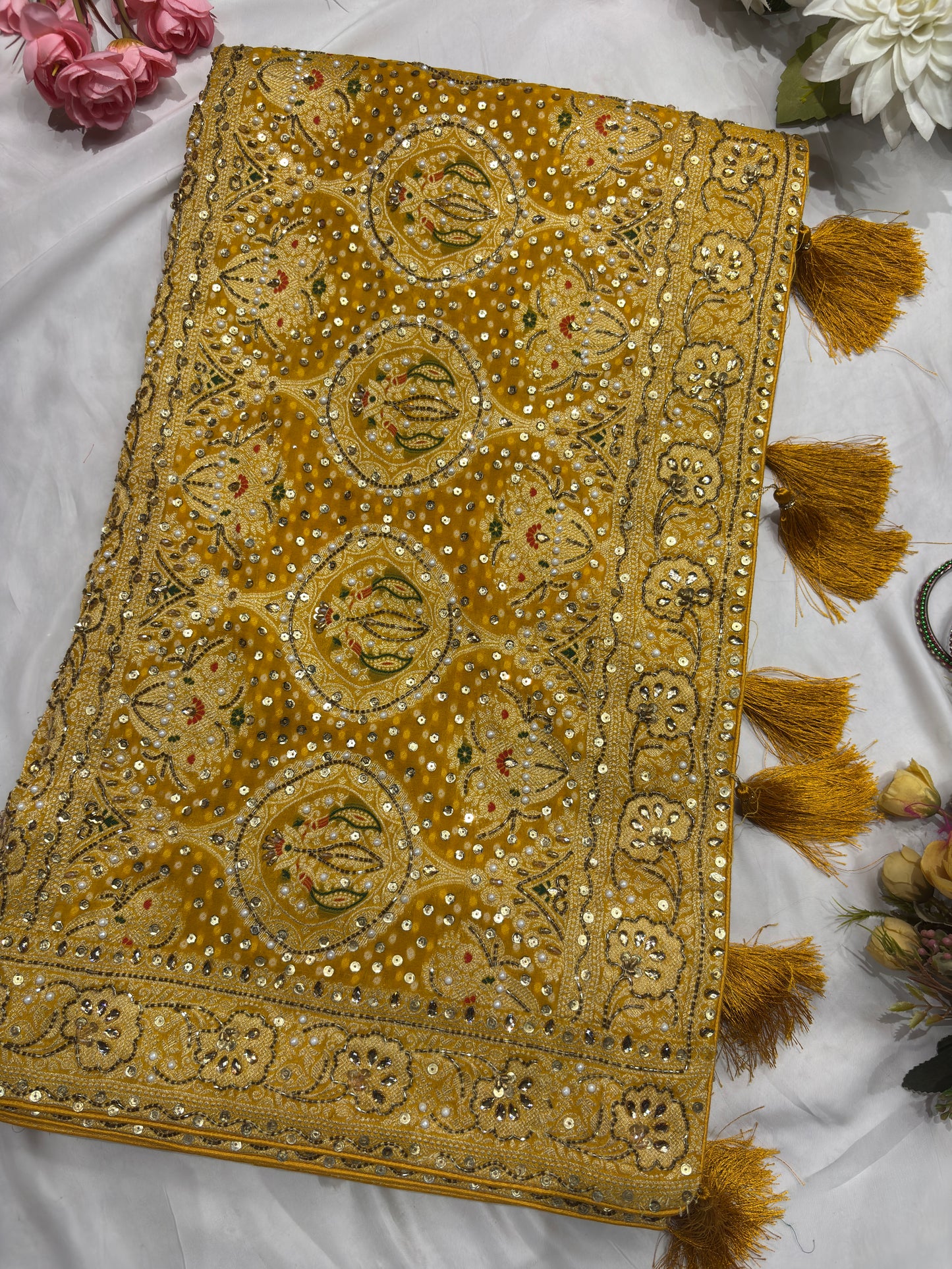 Mustard Yellow Bandhani Saree with Traditional Embroidery