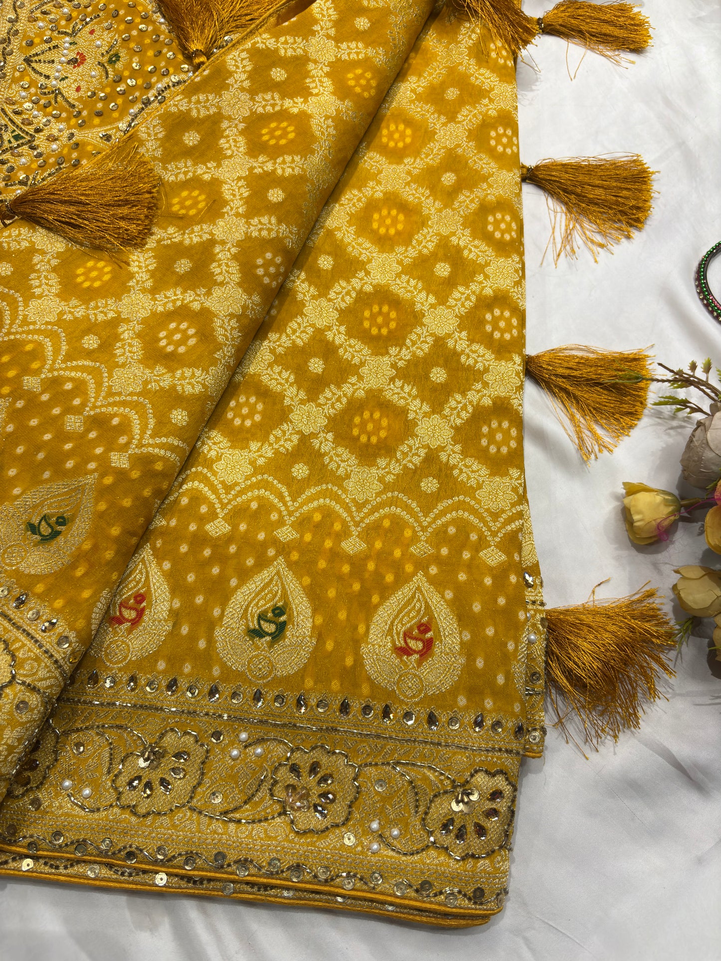 Mustard Yellow Bandhani Saree with Traditional Embroidery