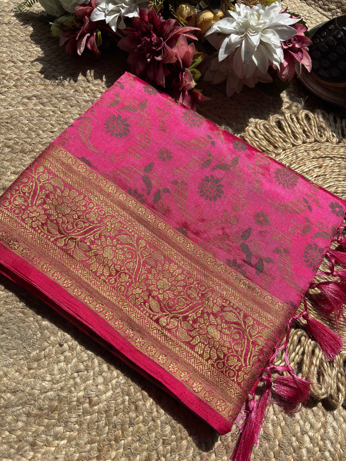Rani Pink Banarasi Patola Silk Saree with Antique Gold Zari Floral Weaving