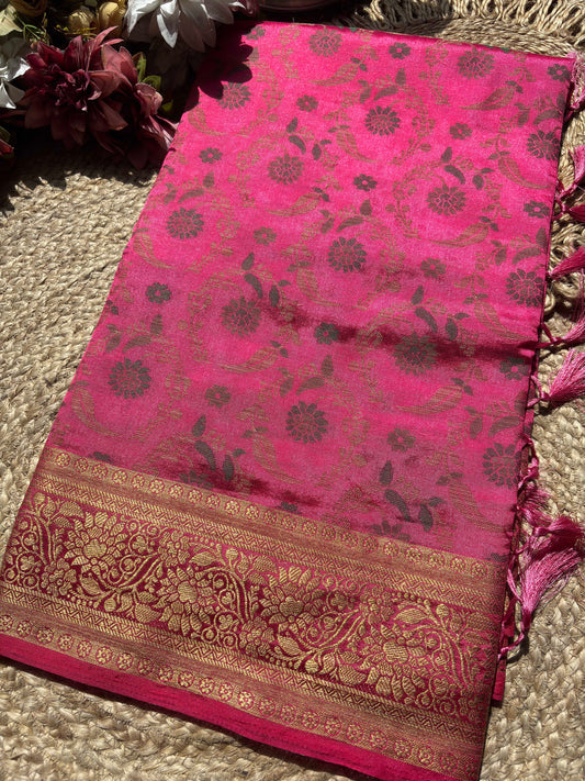 Rani Pink Banarasi Patola Silk Saree with Antique Gold Zari Floral Weaving