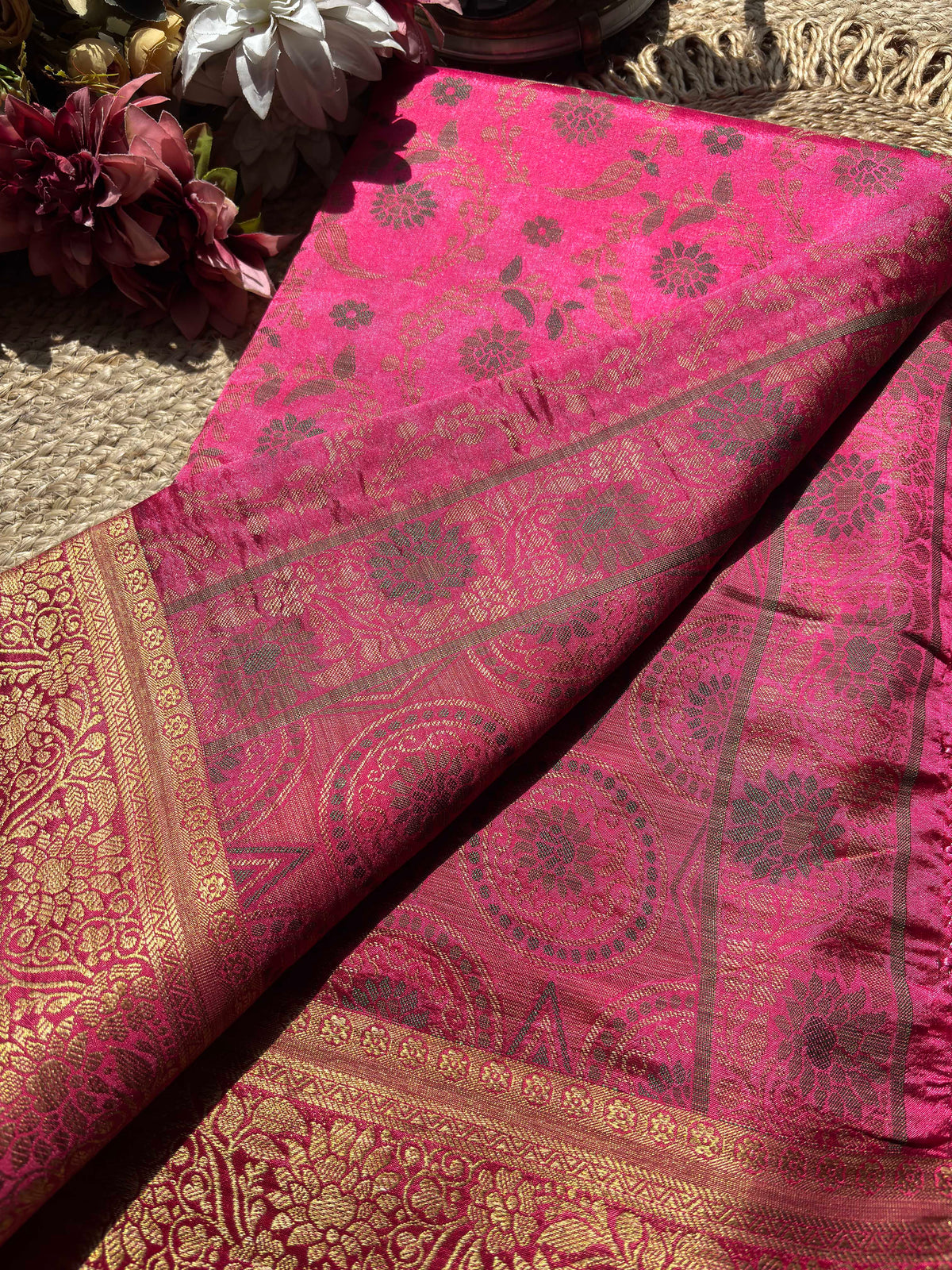 Rani Pink Banarasi Patola Silk Saree with Antique Gold Zari Floral Weaving
