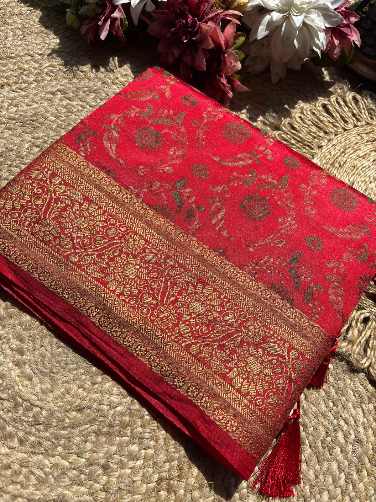 Crimson Red Banarasi Patola Silk Saree with Antique Gold Zari Weaving