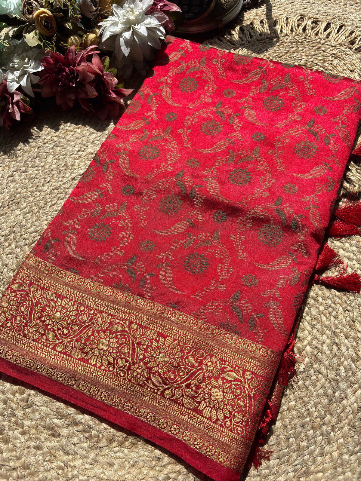 Crimson Red Banarasi Patola Silk Saree with Antique Gold Zari Weaving