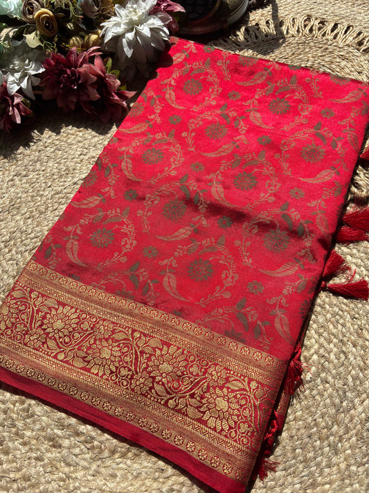Crimson Red Banarasi Patola Silk Saree with Antique Gold Zari Weaving